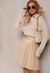Jasnobeżowy Sweter z Dekoltem w Serek i Ozdobnym Splotem Travissa. Brązowe swetry damskie Renee, bez wzorów, ze splotem, casualowe, bez kołnierzyka, bez ramiączek, bez kaptura. Za 99.99 zł.