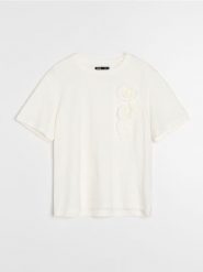 Bawełniana koszulka z aplikacjami 3D - kremowy. Białe t-shirty damskie Sinsay, l, z aplikacjami, z bawełny, bez kołnierzyka. Za 25.99 zł.