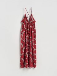 Wzorzysta sukienka maxi - wielobarwny. Sukienki damskie Reserved, l, bez wzorów, z wiskozy, bez kołnierzyka, bez ramiączek, maxi. Za 199.99 zł.