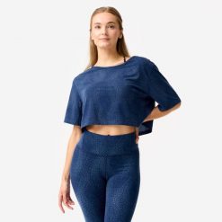 Koszulka do tańca modern jazz, damska, Starever crop top. Niebieskie t-shirty damskie DOMYOS, l, bez wzorów, z elastanu, eleganckie, bez kołnierzyka. Za 59.99 zł.