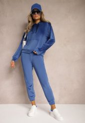 Granatowy Komplet Dresowy z Dodatkiem Bawełny Spodnie z Gumką w Pasie Bluza z Kapturem Reseria. Niebieskie bluzy damskie Renee, m, bez wzorów, z bawełny, z kapturem. Za 89.99 zł.