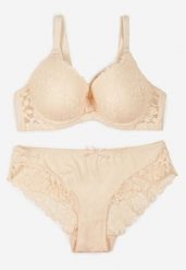 Beżowy Koronkowy Komplet Biustonosz i Majtki Figi w Klasycznym Stylu Ezirene. Brązowe biustonosze Renee, z aplikacjami, z jeansu. Za 39.99 zł.