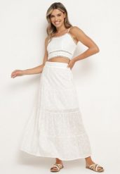 Biały Komplet Boho z Koronkowym Topem i Długą Spódnicą z Gumką w Pasie Isemia. Białe spódnice damskie Born2be, na lato, l, bez wzorów, z koronki, boho, maxi. Za 129.99 zł.