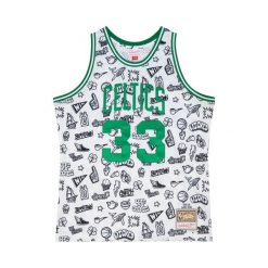 Jersey Boston Celtics NBA Doodle Swingman 1985 Larry Bird. Białe koszulki sportowe męskie Mitchell & Ness, bez wzorów, z jersey, bez kołnierzyka, bez ramiączek, do koszykówki. Za 636.50 zł.