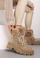 Ciemnobeżowe Traperki z Futerkiem na Grubej Podeszwie Tairene. Brązowe śniegowce i trapery damskie Renee, z jeansu. Za 129.99 zł.