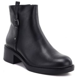 Skórzane botki damskie na klocku czarne Sergio Leone. Czarne botki damskie Sergio Leone, ze skóry, bez obcasa, bez zapięcia. Za 219.99 zł.