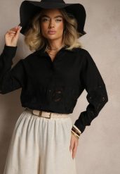Czarna Koszula Oversize z Lnem Zdobiona Ażurowymi Wstawkami Dannivra. Czarne bluzki damskie Renee, l, z aplikacjami, biznesowe, bez kołnierzyka, bez ramiączek. Za 89.99 zł.