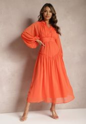 Pomarańczowa Elegancka Sukienka w Stylu Vintage z Powlekanymi Guzikami i Marszczeniami Lefandia. Brązowe sukienki damskie Renee, na imprezę, l, bez wzorów, eleganckie, bez kołnierzyka, bez ramiączek, maxi. Za 159.99 zł.
