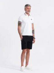 Dzianinowe męskie spodenki ze ściągaczem i kieszeniami - czarne V5 OM-SRBS-0139 XL. Czarne krótkie spodenki sportowe męskie Ombre, m, bez wzorów, z dzianiny. Za 69.99 zł.