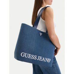 Torebka Guess Jeans. Niebieskie torebki do ręki damskie Guess Jeans, z aplikacjami, z jeansu, bez dodatków. Za 249.99 zł.