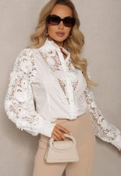 Biała Koszula Koronkowa Zapinana na Guziki Aneries. Białe bluzki damskie Renee, l, bez wzorów, z jeansu, klasyczne, bez kołnierzyka, bez ramiączek. Za 119.99 zł.
