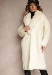 Jasnobeżowy Płaszcz z Dzianiny z Wełną Zdobiony Odpinanym Futrem Veliti. Brązowe płaszcze damskie Renee, l, z aplikacjami, z dzianiny, eleganckie, długie, bez kaptura. Za 279.99 zł.