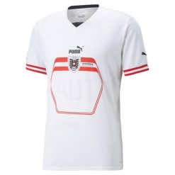 Koszulka wyjazdowa Autriche 2022. Białe koszulki sportowe męskie Puma, xs, bez wzorów, bez kołnierzyka, bez ramiączek, na fitness i siłownię. Za 287.95 zł.
