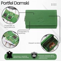 Portfel damski duży zielony ze skóry naturalnej pojemny Paolo Peruzzi T-138-GB. Zielone portfele damskie Paolo Peruzzi, bez wzorów, ze skóry. Za 99.00 zł.