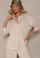 Beżowa Koszula Oversize z Lnem i Wiskozą Katilira. Brązowe bluzki damskie Renee, m, bez wzorów, z jeansu, biznesowe, bez kołnierzyka, bez ramiączek. Za 74.99 zł.