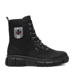 Trzewiki Rieker. Czarne botki damskie Rieker, bez obcasa, na płaskiej podeszwie, bez zapięcia. Za 389.99 zł.