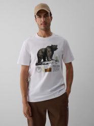 4F T-shirt regular z nadrukiem męski - kremowy L. Białe t-shirty męskie 4f, l, bez wzorów, z bawełny, biznesowe, bez kołnierzyka. Za 79.99 zł.