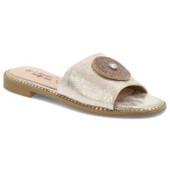 Klapki damskie S. Barski, eleganckie na płaskim obcasie z eko skóry z ozdobą, złote, KV51-013. Żółte sandały damskie S.BARSKI, z aplikacjami, ze skóry, bez obcasa, na płaskiej podeszwie, bez zapięcia. Za 109.00 zł.