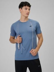 4F Koszulka treningowa regular szybkoschnąca męska - granatowa S. Niebieskie koszulki sportowe męskie 4f, m, bez wzorów, ze skóry, sportowe, bez kołnierzyka. Za 79.99 zł.