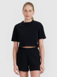 4F T-shirt crop top z waflowej dzianiny damski - czarny XL. Czarne koszulki sportowe damskie 4f, xl, bez wzorów, z bawełny, sportowe, bez kołnierzyka. W wyprzedaży za 49.99 zł.