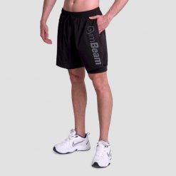 Szorty męskie fitness 2w1 czarne Essence. Czarne krótkie spodenki sportowe męskie GYMBEAM, m, bez wzorów, z elastanu, na fitness i siłownię. Za 85.90 zł.