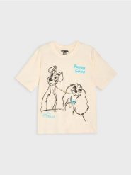 Bawełniana koszulka z nadrukiem Lady and the Tramp - kremowy. Białe t-shirty damskie Sinsay, l, bez wzorów, z bawełny, bez kołnierzyka. Za 39.99 zł.