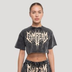 Koszulka damska fitness cropped grafitowa Abyss. Szare koszulki sportowe damskie GYMBEAM, m, bez wzorów, z bawełny, klasyczne, bez kołnierzyka. Za 88.90 zł.