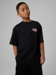 4F T-shirt loose z nadrukiem chłopięcy - czarny 146 (10-11 lat). Czarne t-shirty dla chłopców 4f, bez wzorów, z bawełny, bez ramiączek. Za 39.99 zł.