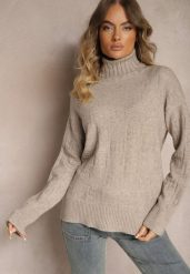 Szaro-Beżowy Golf o Klasycznym Kroju Savelle. Brązowe swetry damskie Renee, l, bez wzorów, z jeansu, eleganckie, bez kołnierzyka, bez ramiączek, długie, bez kaptura. Za 99.99 zł.