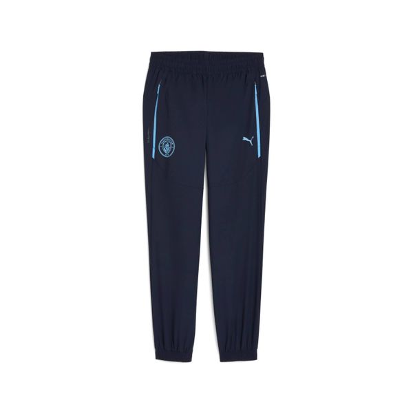 Spodnie dresowe Manchester City Woven 2025/26. Niebieskie spodnie sportowe męskie Puma, bez wzorów, z dresówki, do piłki nożnej. Za 334.50 zł.