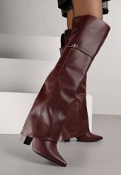 Bordowe Eleganckie Kozaki za Kolano z Cholewką Imitującą Nogawkę Zenesseria. Czerwone kozaki damskie Renee, z satyny, za kolano, bez obcasa, na obcasie. Za 189.99 zł.