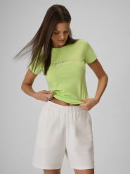 4F T-shirt slim z nadrukiem damski - żółty L. Żółte t-shirty damskie 4f, l, bez wzorów, z bawełny, bez kołnierzyka. Za 59.99 zł.