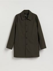 Gładki płaszcz z kołnierzem - ciemnozielony. Zielone płaszcze męskie Reserved, l, bez wzorów, z tkaniny, bez kaptura. Za 329.99 zł.