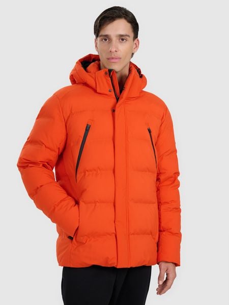 4F Kurtka puchowa z wypełnieniem syntetycznym membrana 10000 męska - pomarańczowa M. Czerwone kurtki męskie 4f, na zimę, m, bez wzorów, z materiału, klasyczne, bez kaptura. Za 799.99 zł.