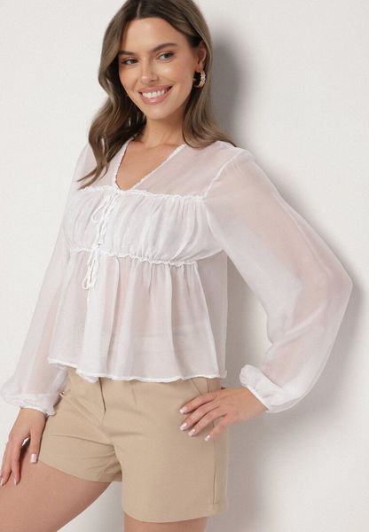 Biała Transparentna Bluzka z Wiskozą i Wiązaniem Zarestra. Białe bluzki damskie Born2be, bez wzorów, z jeansu, bez kołnierzyka, bez ramiączek. Za 109.99 zł.