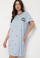 Niebieska Koszula Nocna z Bawełną w Kropki z Napisem Firasine. Niebieskie koszule nocne damskie Born2be, l, bez wzorów, z bawełny. Za 39.99 zł.