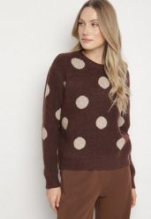 Brązowy Prosty Sweter z Wełną w Duże Kropki Fenenna. Brązowe swetry damskie Born2be, uniwersalny, bez wzorów, z jeansu, klasyczne, bez kołnierzyka, bez ramiączek, długie, bez kaptura. Za 149.99 zł.