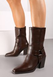 Brązowe Botki na Stożkowym Obcasie Ocieplane z Klamrą Verienne. Brązowe botki damskie Born2be, z jeansu, eleganckie, bez obcasa, na obcasie, bez zapięcia. Za 169.99 zł.