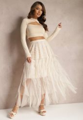 Jasnobeżowa Rozkloszowana Spódnica Maxi z Podszewką i Tiulem Esmerallda. Brązowe spódnice damskie Renee, bez wzorów, z tiulu, eleganckie, maxi, proste. Za 89.99 zł.