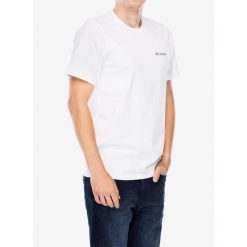 Koszulka z nadrukiem męska Columbia Explorers Canyon Back S/S Tee. Białe koszulki polo męskie Columbia, m, bez wzorów, bez kołnierzyka, bez ramiączek, trekkingowe. Za 119.99 zł.