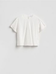 T-shirt z wiązaniem - biały. Białe t-shirty damskie Reserved, l, bez wzorów, z tkaniny, klasyczne, bez kołnierzyka. Za 99.99 zł.