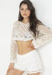 Białe Szorty z Ażurowej Tkaniny z Gumką w Pasie Hiroia. Białe szorty damskie Born2be, l, w ażurowe wzory, z tkaniny, wakacyjne. Za 69.99 zł.