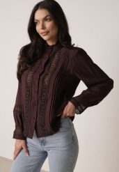 Brązowa Koszula ze Stójką i Koronką Argochis. Brązowe bluzki damskie Born2be, l, bez wzorów, z jeansu, bez kołnierzyka, bez ramiączek. Za 119.99 zł.