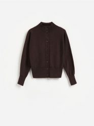 Kardigan z bawełną - ciemnobrązowy. Brązowe kardigany damskie Reserved, l, bez wzorów, z bawełny. Za 139.99 zł.