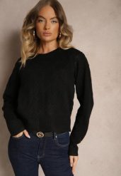Czarny Sweter w Klasycznym Stylu z Tłoczonym Wzorem Deriel. Czarne swetry damskie Renee, na zimę, bez wzorów, casualowe, bez kołnierzyka, bez ramiączek, bez kaptura. Za 129.99 zł.