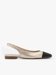 Platynowe baleriny typu slingback z czarnym noskiem. Szare baleriny damskie Brawo sp. z o.o., bez wzorów, z gumy, bez obcasa, na płaskiej podeszwie. W wyprzedaży za 224.99 zł.