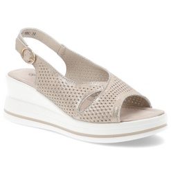 Sandały damskie S. Barski, skórzane licowe na koturnie ażurowe na sprzączkę, złote, LR51-660. Żółte sandały damskie S.BARSKI, w ażurowe wzory, bez obcasa, na koturnie, bez zapięcia. Za 149.00 zł.