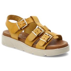 Sandały damskie Hee, cholewka ze skóry naturalnej paski z regulacją na klamry grubsza podeszwa casualowy styl, żółte, 26100. Żółte klapki damskie Hee, bez wzorów, ze skóry, bez obcasa, na platformie. Za 309.00 zł.