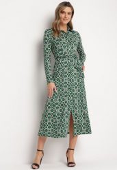 Zielona Taliowana Sukienka Maxi z Materiałowym Paskiem w Geometryczny Print Filint. Zielone sukienki damskie Born2be, m, bez wzorów, z materiału, bez kołnierzyka, bez ramiączek, maxi. Za 179.99 zł.
