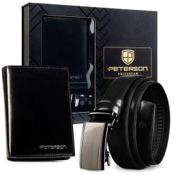 Zestaw prezentowy: skórzany portfel męski w czarnym kolorze z systemem RFID i pasek ze skóry naturalnej - Peterson. Czarne paski damskie bez wzorów, ze skóry. Za 119.99 zł.